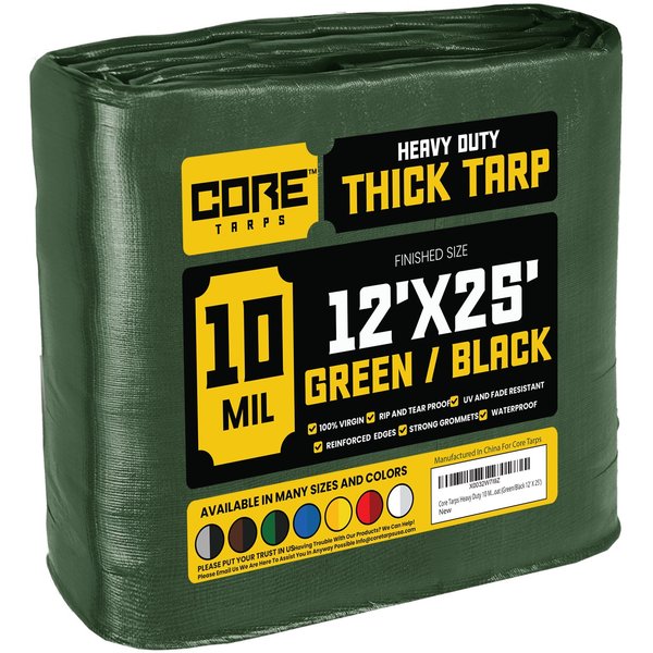 Core Tarps 25 ft L x 0.5 mm H x 12 ft W Heavy Duty 10 Mil Tarp, Green/Black, Polyethylene CT-603-12X25
